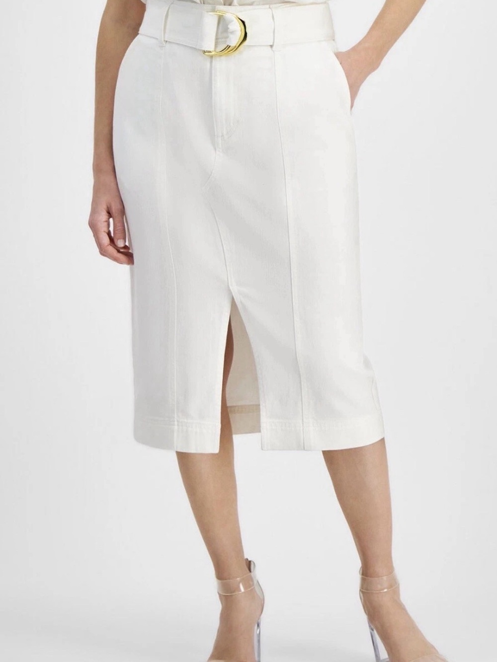 INC International Concepts White Belted Midi Pencil Skirt with Front Slit